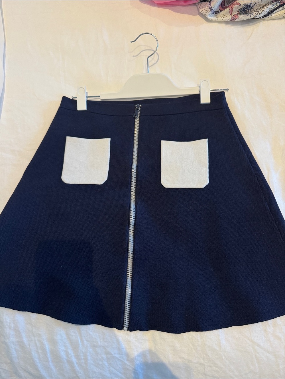 Navy A-Line Skirt with White Pocket Accents
